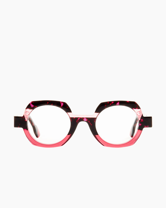 pink plastic round eyeglasses by Anne et Valentin model hehe, front view, lunettes de vue rond couleur rose