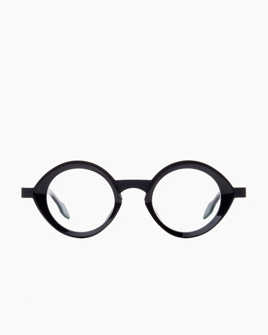 black plastic round eyeglasses by Theo model pipe, front view, lunettes de vue rond couleur noir