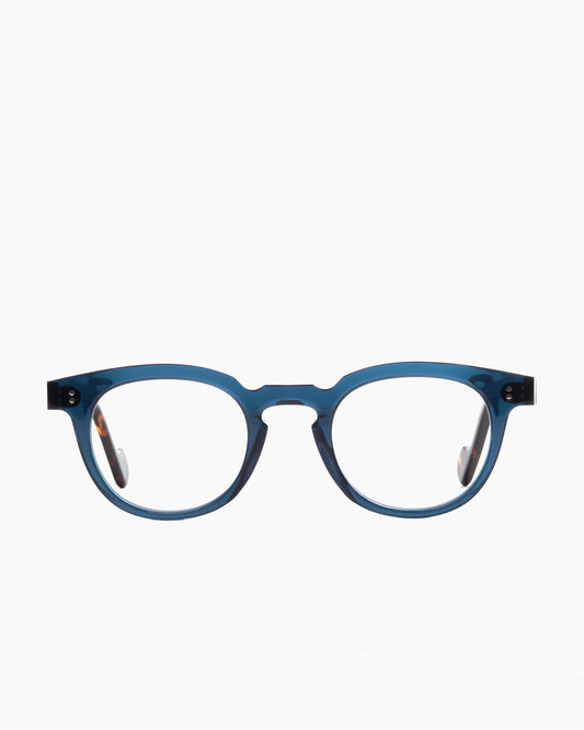 blue plastic oval eyeglasses by Anne et Valentin model Dryden, front view, lunettes de vue ovale couleur bleu