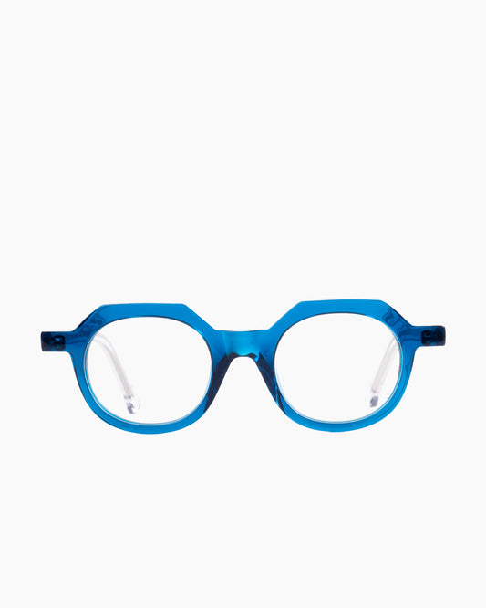 blue plastic round eyeglasses by Marie-Sophie Dion model Larouche, front view, lunettes de vue rond couleur Bleu