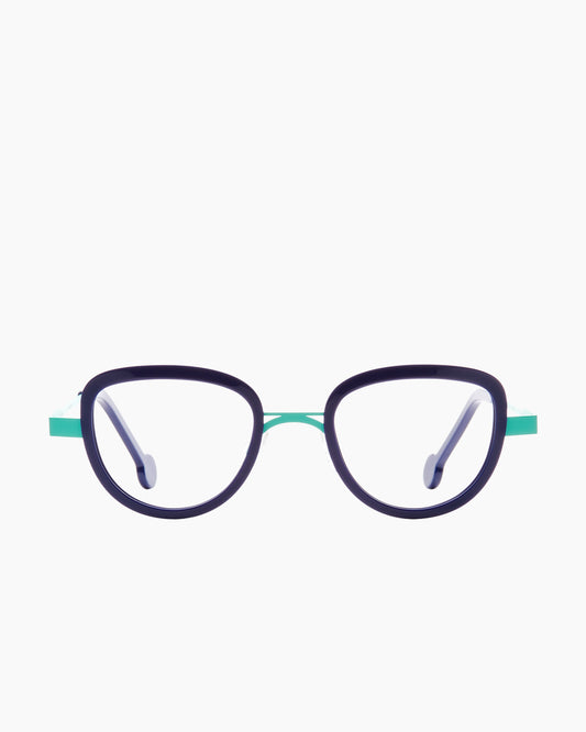 blue metal butterfly eyeglasses by Anne et Valentin model FENIX, front view, lunettes de vue papillon couleur bleu