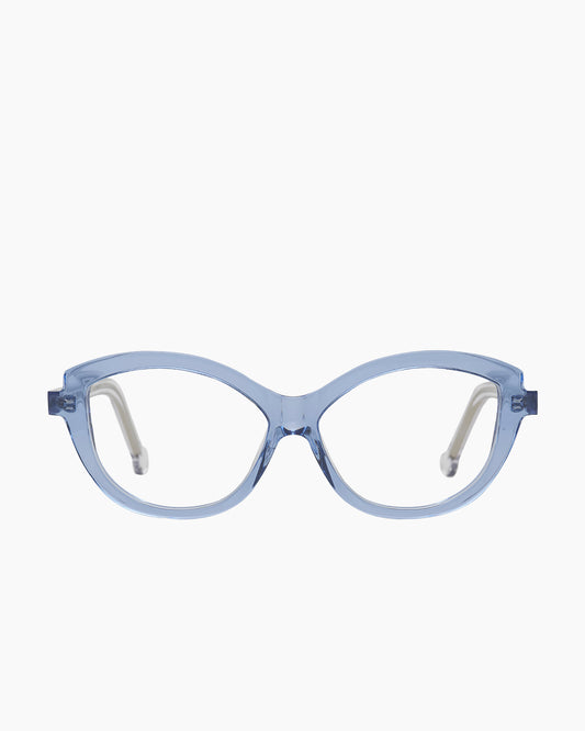 blue plastic cat eyeglasses by Marie-Sophie Dion model Brodeur, front view, lunettes de vue chat couleur Bleu