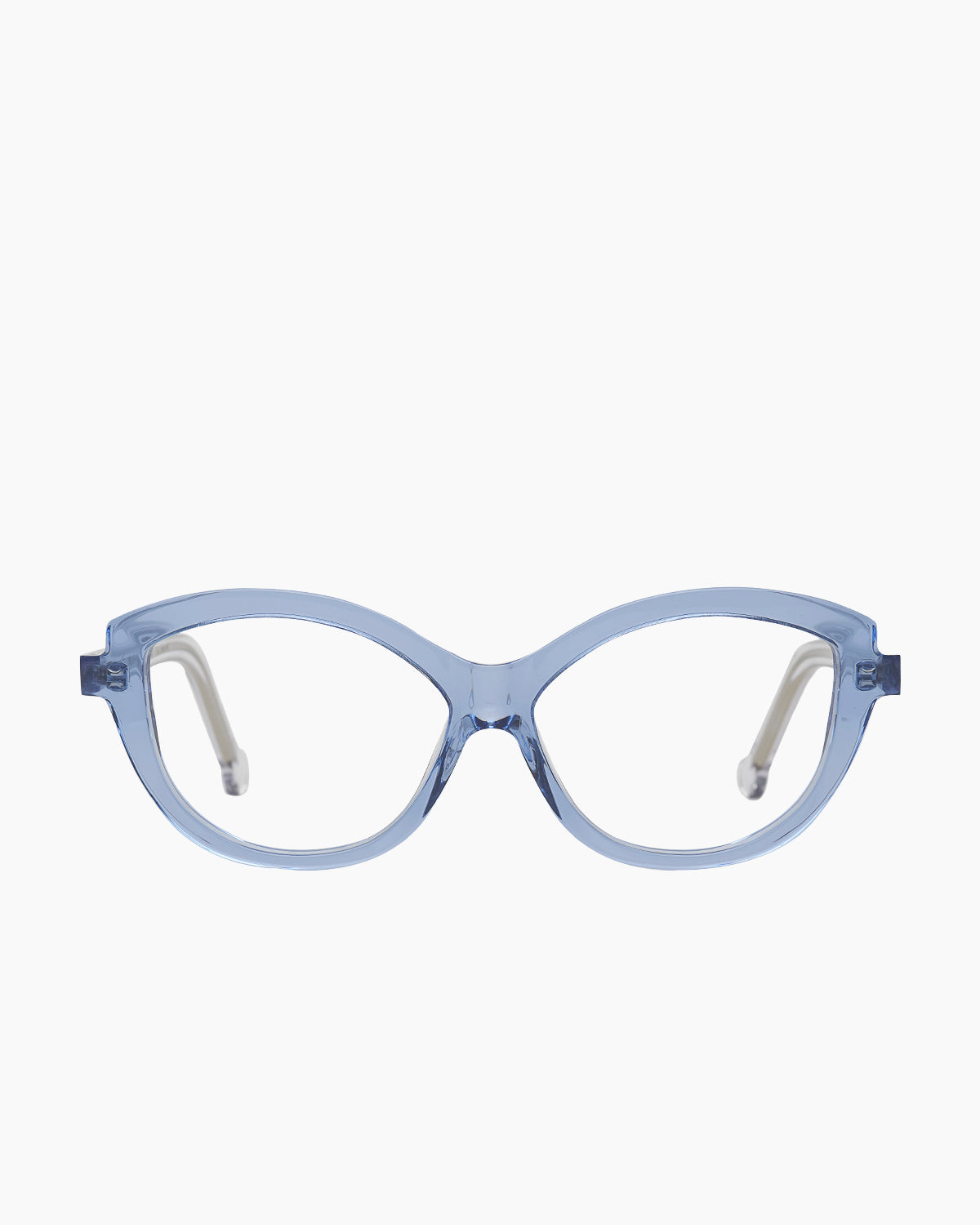 blue plastic cat eyeglasses by Marie-Sophie Dion model Brodeur, front view, lunettes de vue chat couleur Bleu