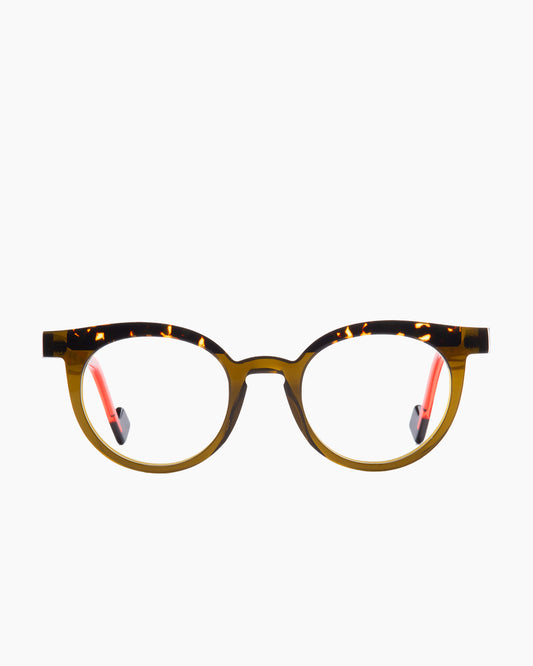 green plastic round eyeglasses by Anne et Valentin model LEVEL, front view, lunettes de vue rond couleur vert