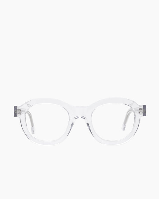 crystal plastic round eyeglasses by Marie-Sophie Dion model Claude, front view, lunettes de vue rond couleur cristal