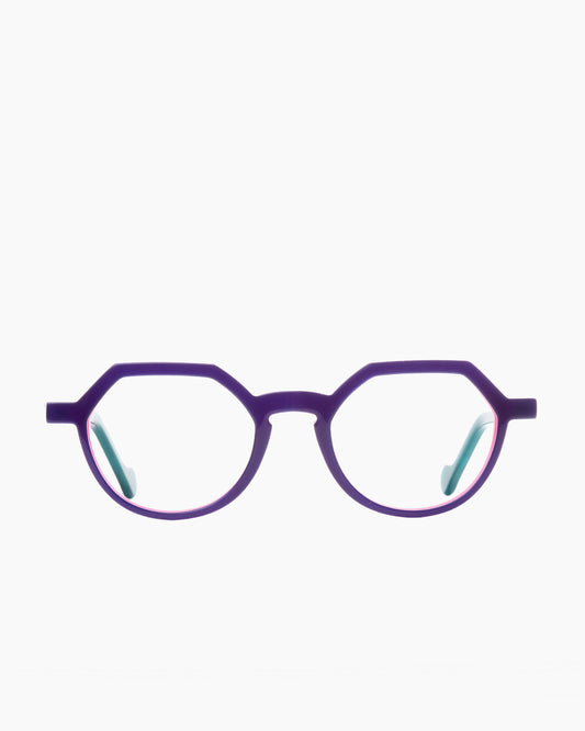 purple plastic round eyeglasses by Anne et Valentin model ayo, front view, lunettes de vue rond couleur violet