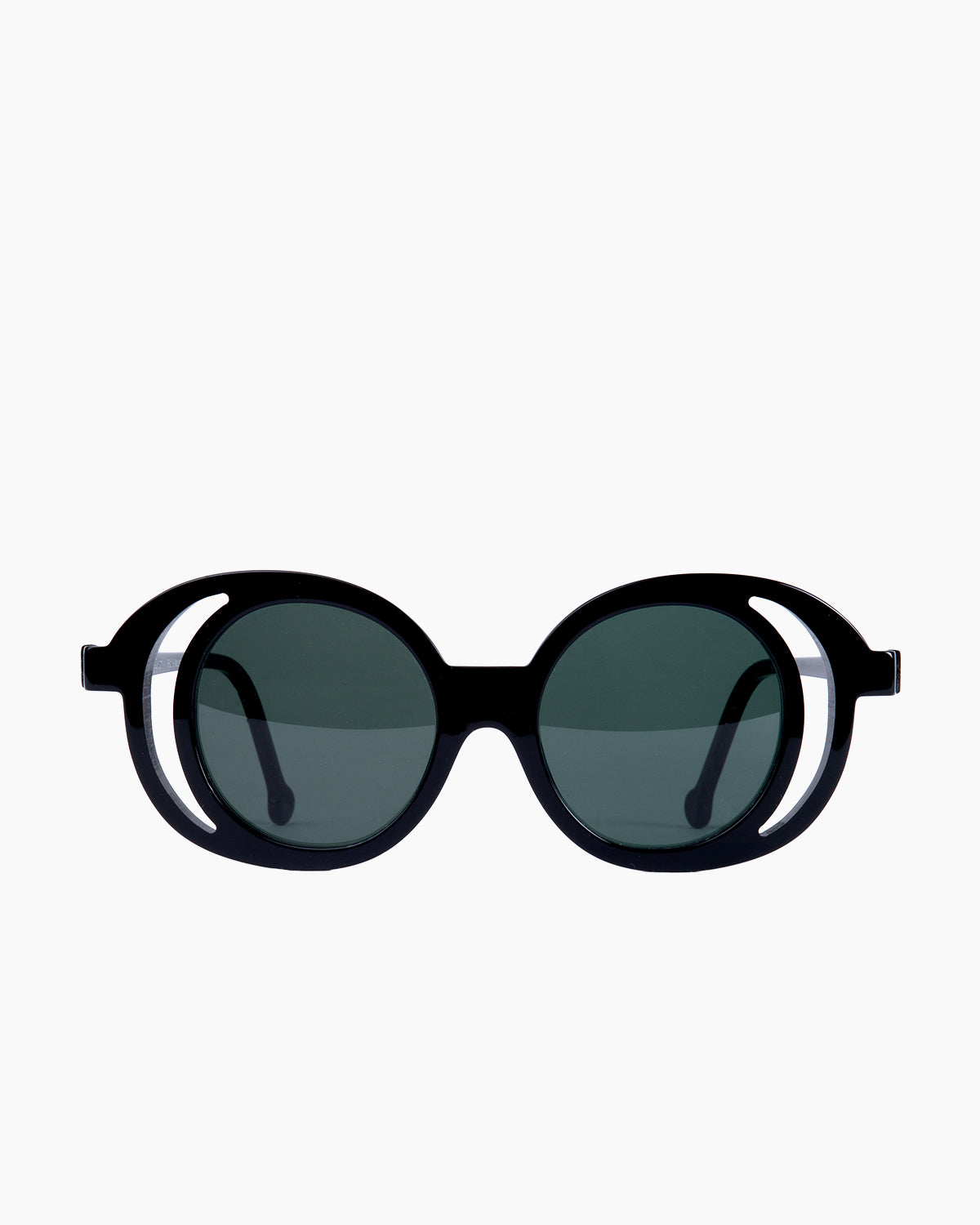 black plastic round  sunglassesby Marie-Sophie Dion model RockSun, front view, lunettes de vue rond couleur Noir
