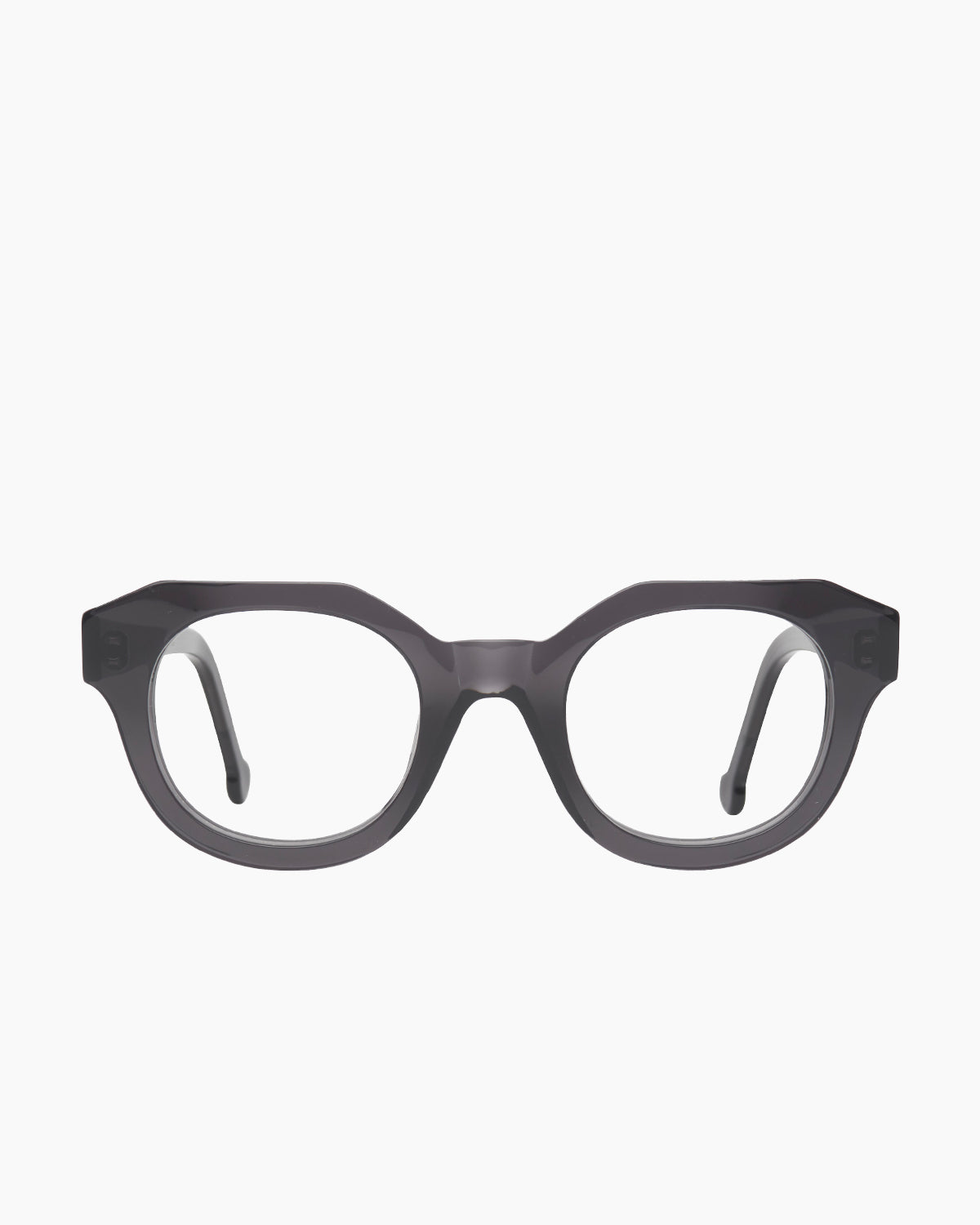 grey plastic round eyeglasses by Marie-Sophie Dion model Poitras, front view, lunettes de vue rond couleur Gris