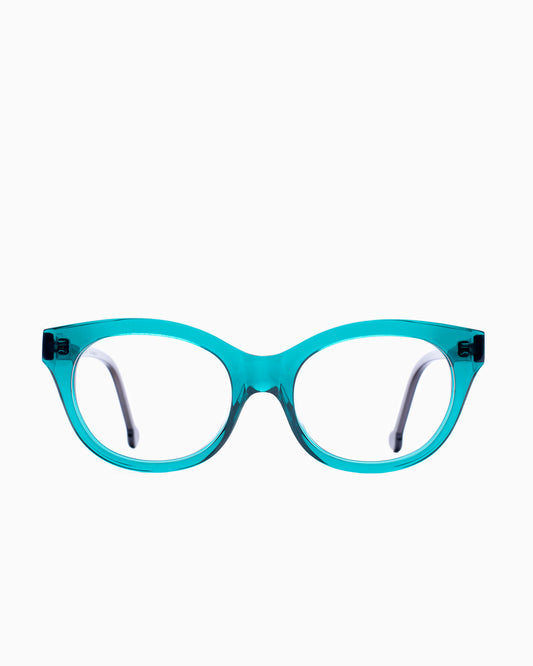 green plastic cat eyeglasses by Marie-Sophie Dion model Gauthier, front view, lunettes de vue chat couleur Vert