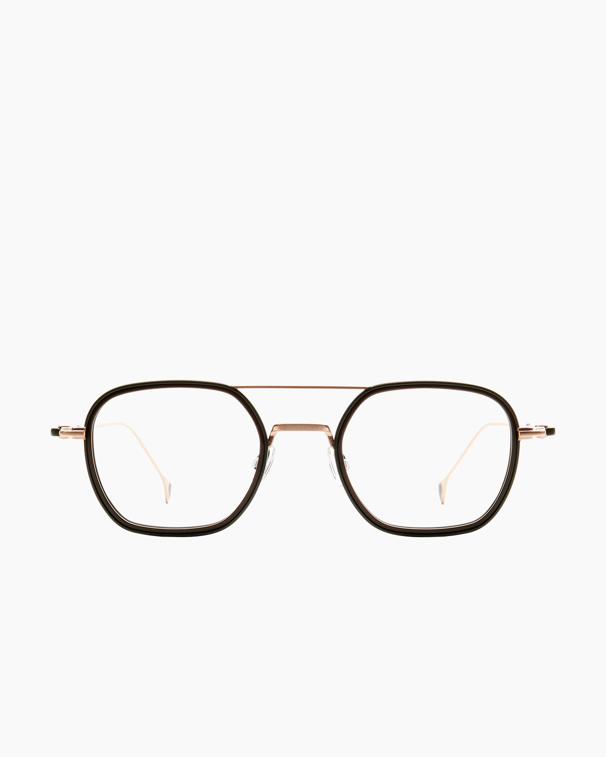 green metal aviator eyeglasses by Anne et Valentin model bataille, front view, lunettes de vue aviateur couleur vert
