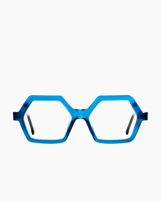 blue plastic hexagon eyeglasses by Marie-Sophie Dion model salsa, front view, lunettes de vue hexagone couleur bleu