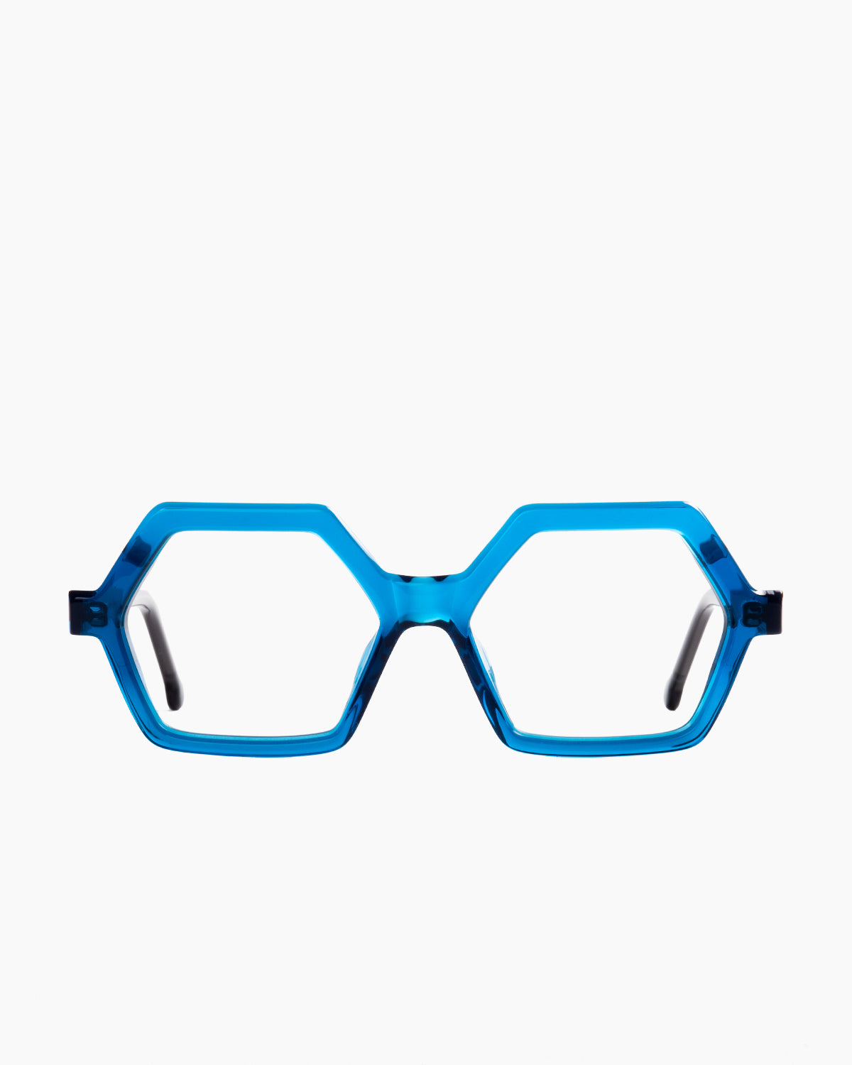blue plastic hexagon eyeglasses by Marie-Sophie Dion model salsa, front view, lunettes de vue hexagone couleur bleu