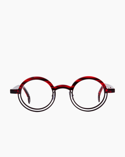 red plastic round eyeglasses by Theo model KICKER, front view, lunettes de vue rond couleur rouge