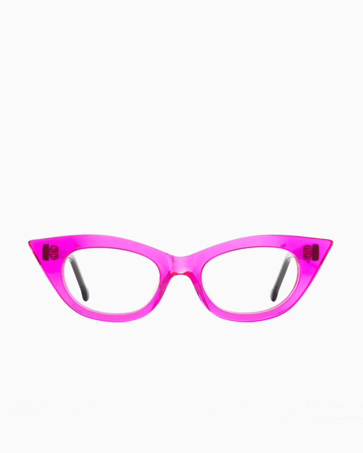 pink plastic cat eyeglasses by Marie-Sophie Dion model Chatelier, front view, lunettes de vue chat couleur rose