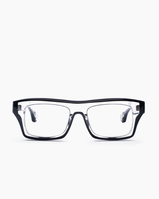 crystal plastic rectangle eyeglasses by Blake Kuwahara model Chambers, front view, lunettes de vue rectangle couleur cristal