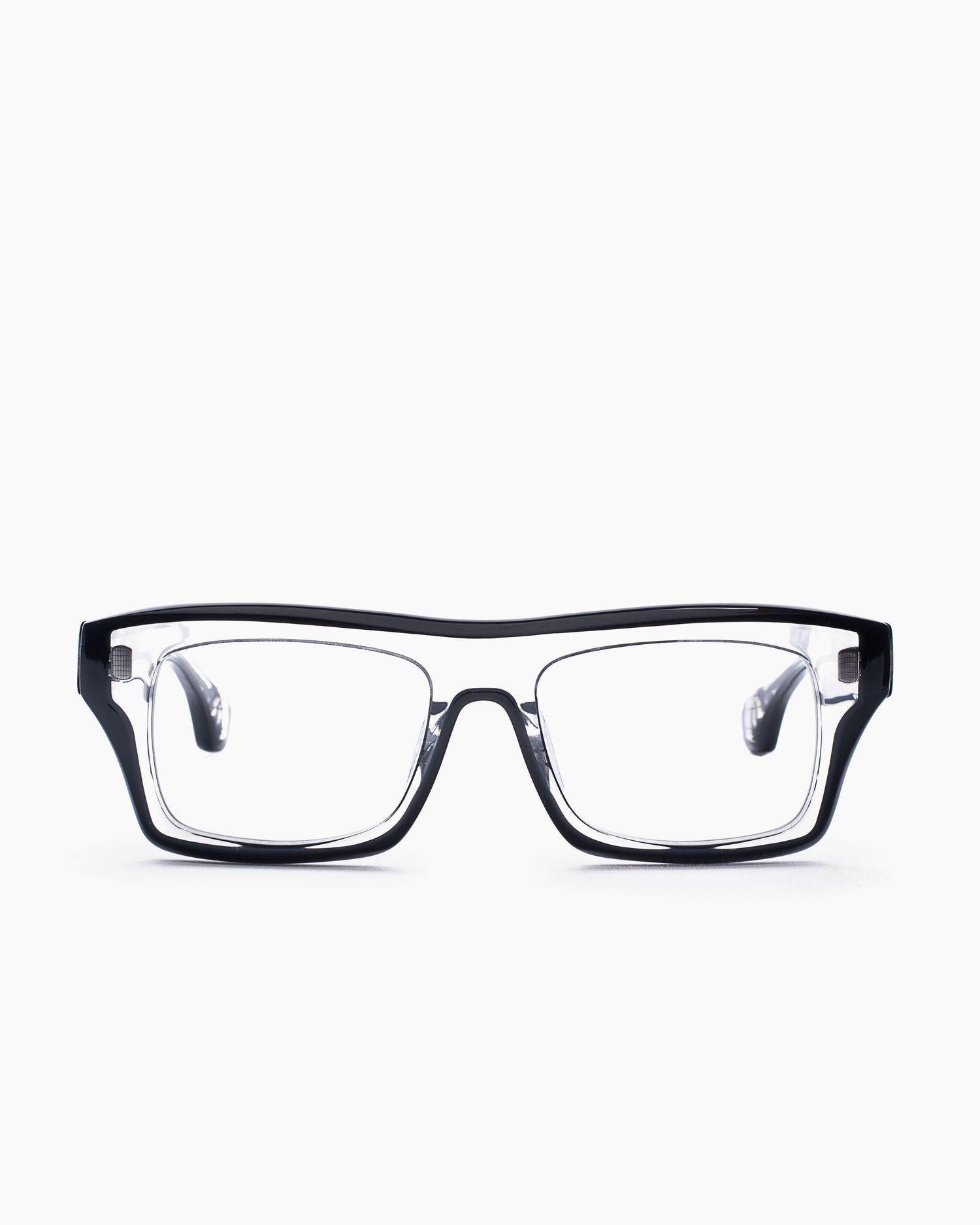 crystal plastic rectangle eyeglasses by Blake Kuwahara model Chambers, front view, lunettes de vue rectangle couleur cristal