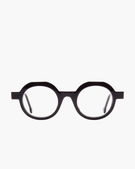 black plastic round eyeglasses by Marie-Sophie Dion model Rambou, front view, lunettes de vue rond couleur noir