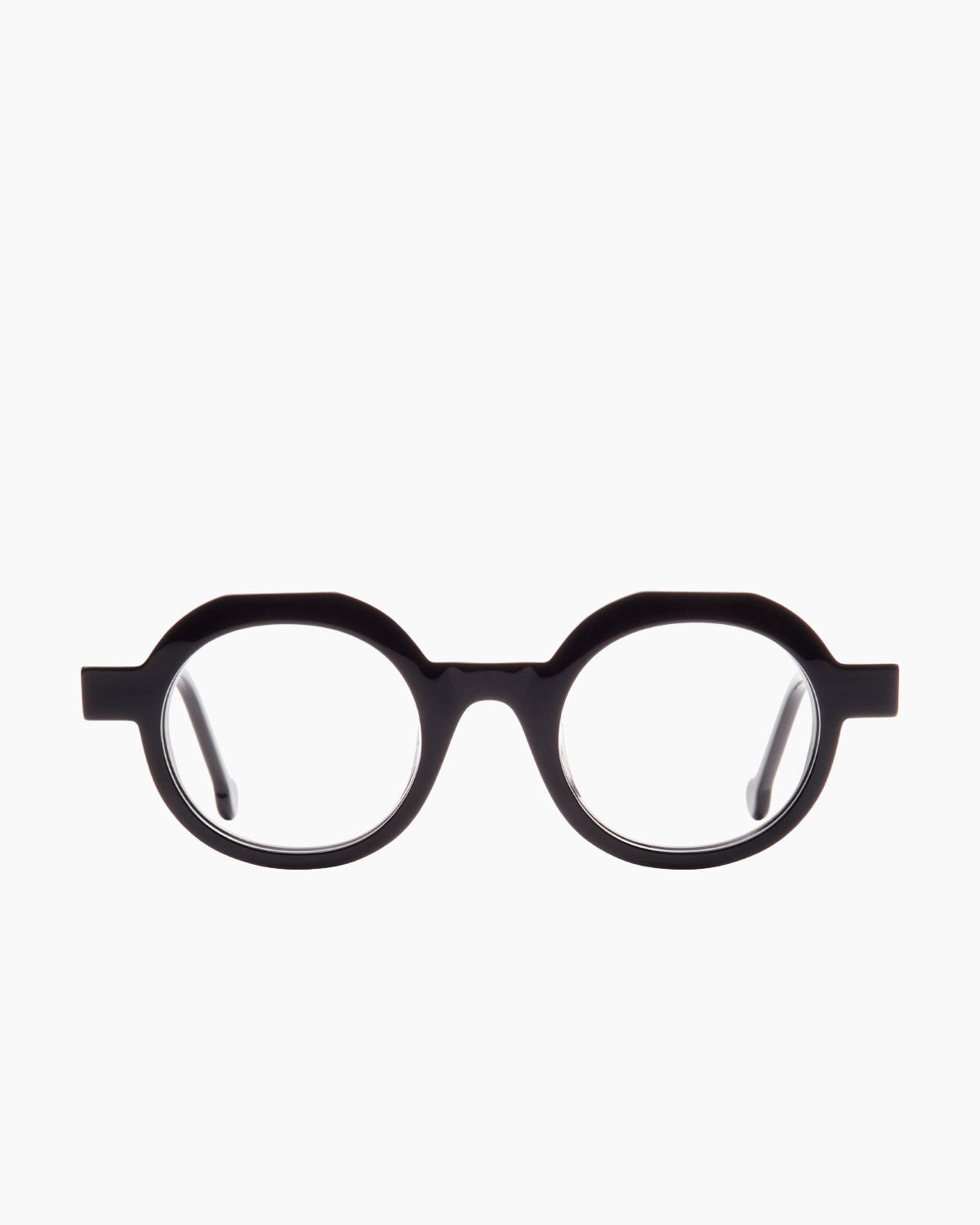 black plastic round eyeglasses by Marie-Sophie Dion model Rambou, front view, lunettes de vue rond couleur noir