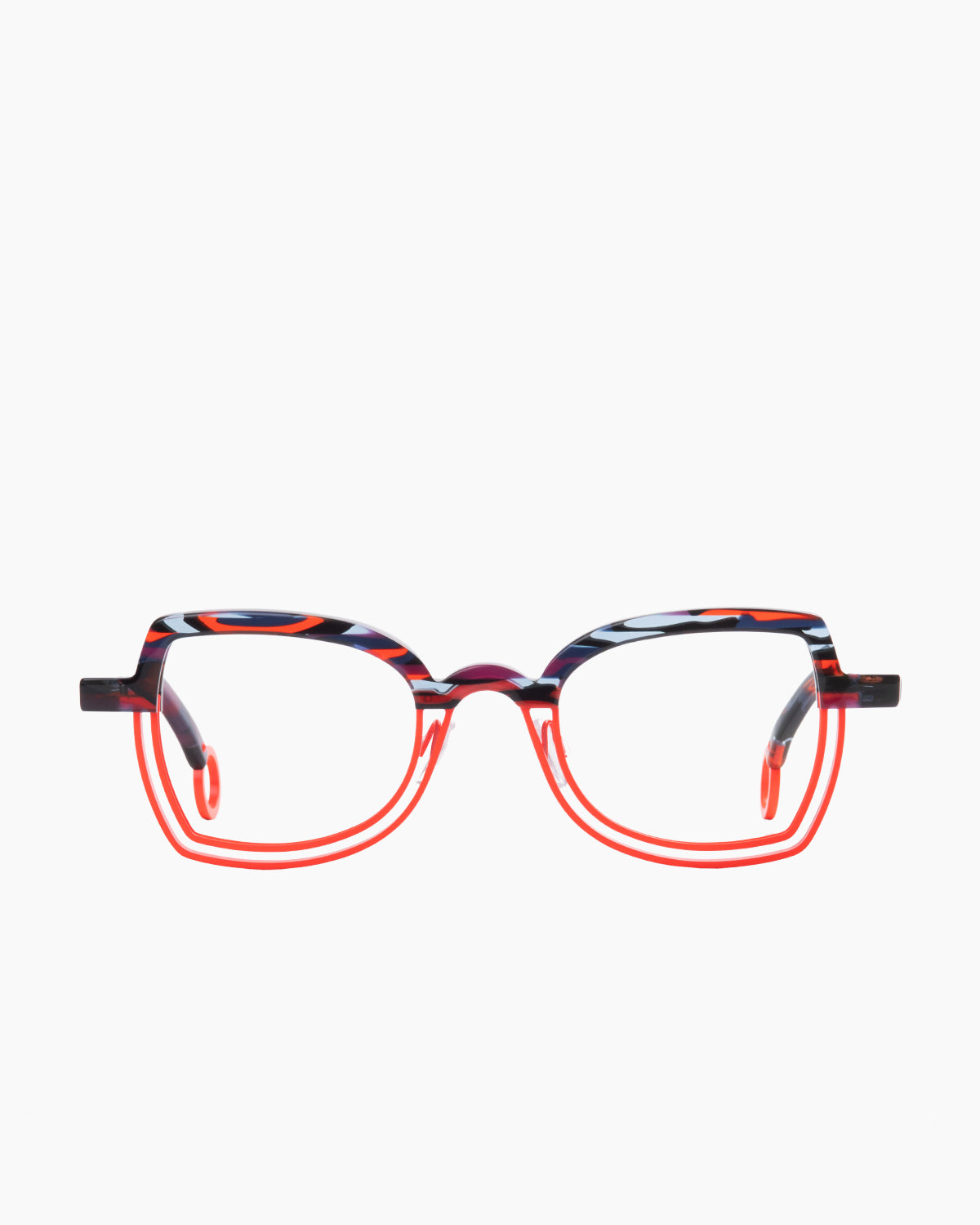 orange metal butterfly eyeglasses by Theo model stopper, front view, lunettes de vue papillon couleur orange