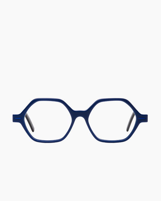 blue plastic hexagon eyeglasses by Theo model Tantu, front view, lunettes de vue hexagone couleur bleu