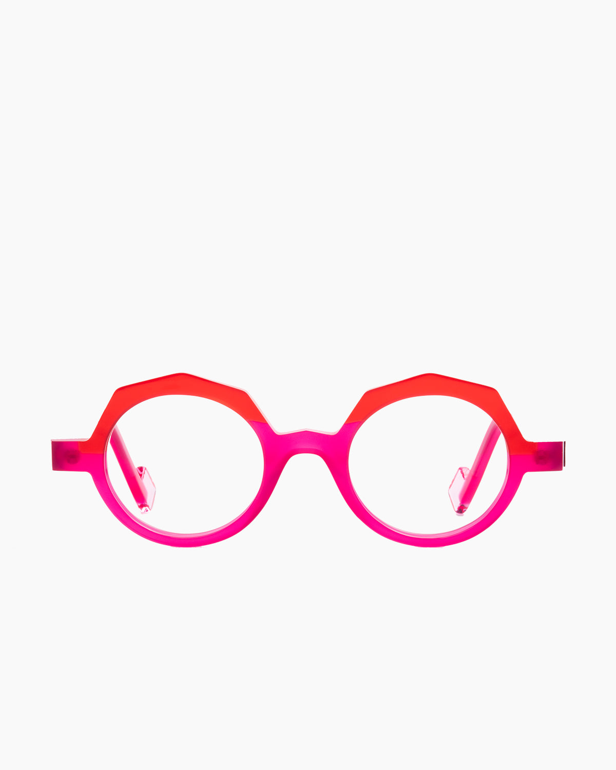 pink plastic round eyeglasses by Anne et Valentin model LOCK, front view, lunettes de vue rond couleur rose