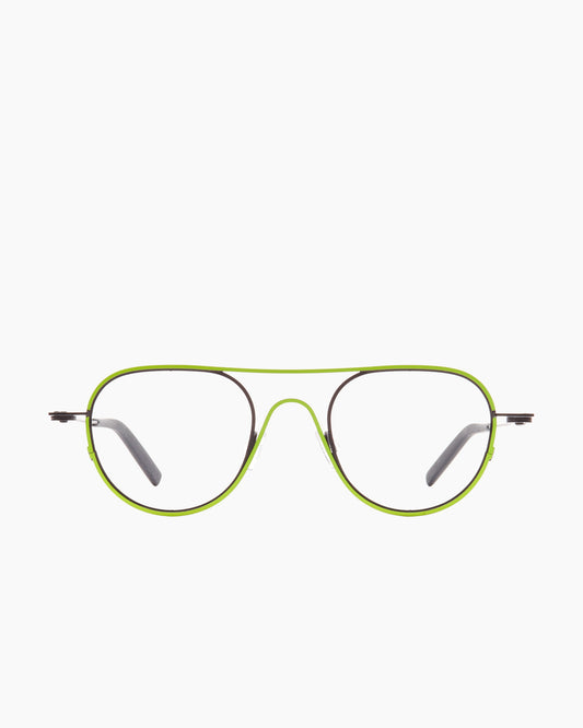 yellow metal round eyeglasses by Theo model Isotherm, front view, lunettes de vue rond couleur jaune