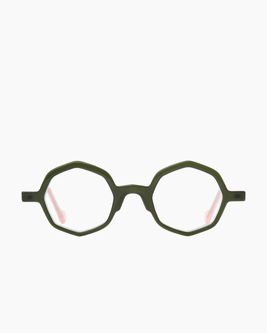 green plastic octogon eyeglasses by Anne et Valentin model Adelys, front view, lunettes de vue octogone couleur vert