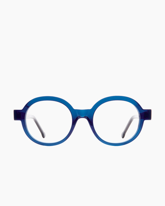 blue plastic round eyeglasses by Marie-Sophie Dion model Preston, front view, lunettes de vue rond couleur bleu