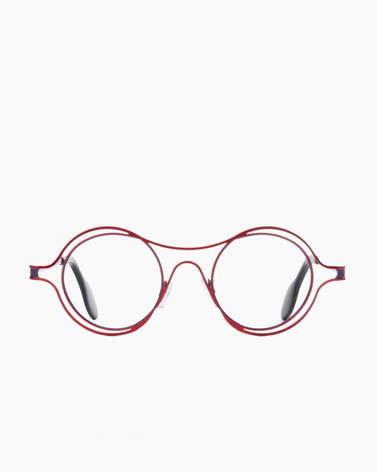 red metal round eyeglasses by Theo model MONZA, front view, lunettes de vue rond couleur Rouge