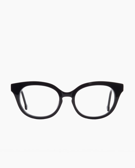black plastic cat eyeglasses by Marie-Sophie Dion model Gaudet, front view, lunettes de vue chat couleur noir