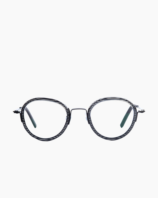 black metal round eyeglasses by Theo model STAMPPOT, front view, lunettes de vue rond couleur Noir
