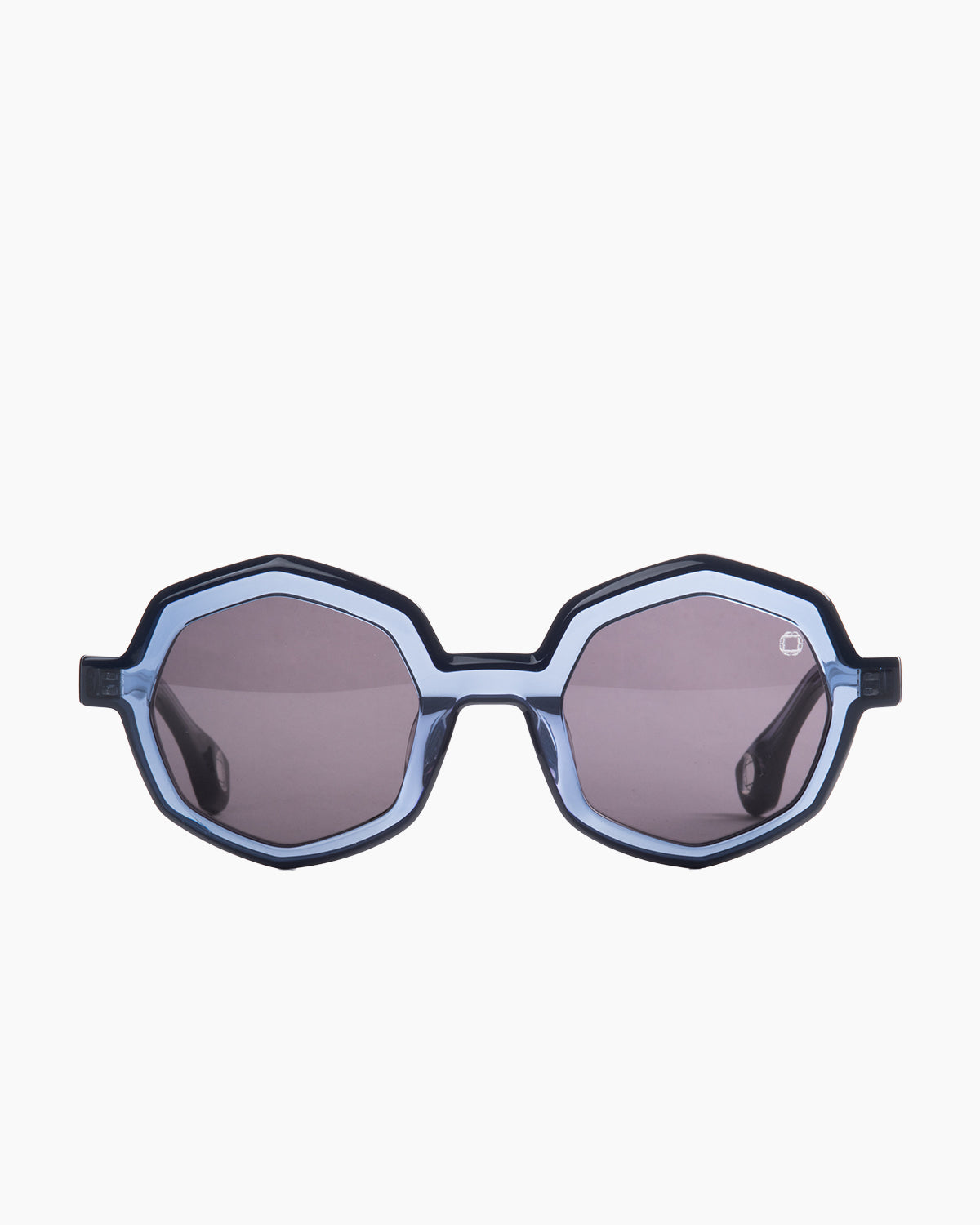 blue plastic octogon  sunglassesby Blake Kuwahara model loos, front view, lunettes de vue octogone couleur bleu