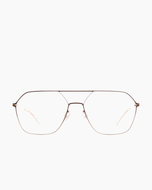 gold metal hexagon eyeglasses by Mykita model Jelva, front view, lunettes de vue hexagone couleur or