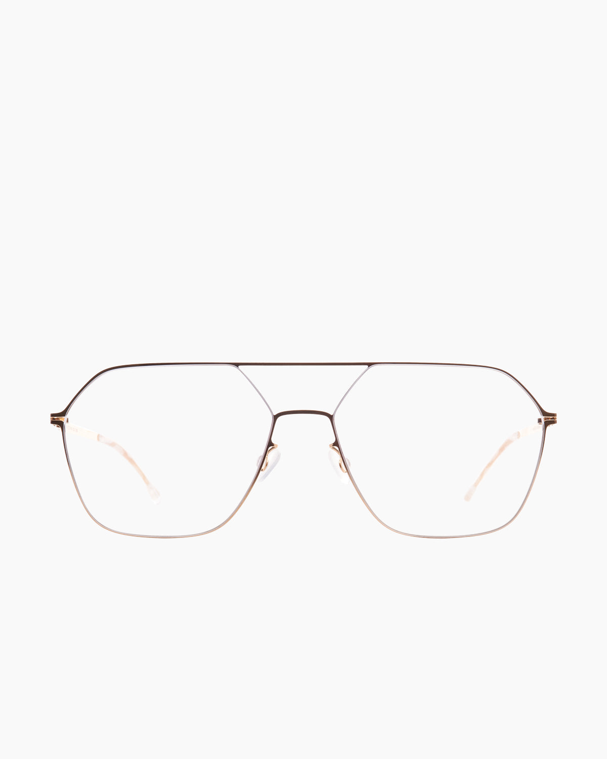 gold metal hexagon eyeglasses by Mykita model Jelva, front view, lunettes de vue hexagone couleur or