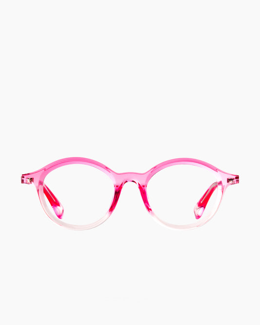 pink plastic round eyeglasses by Theo model dagBreek, front view, lunettes de vue rond couleur rose