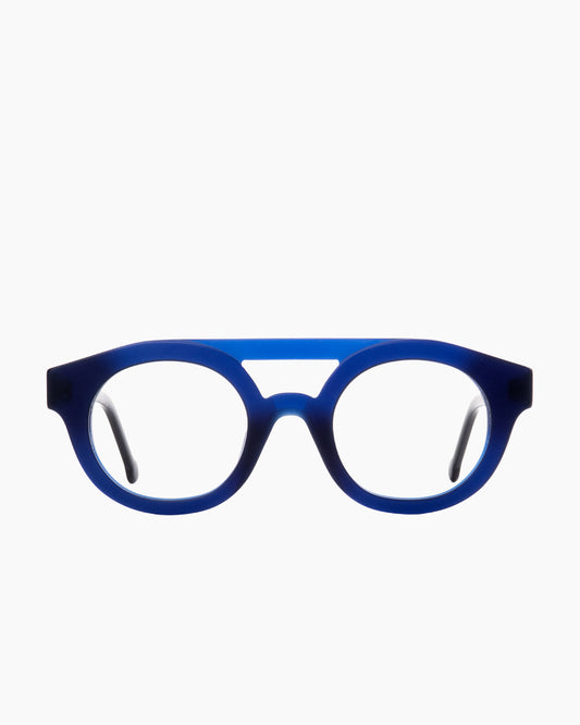 blue plastic round eyeglasses by Marie-Sophie Dion model Manson, front view, lunettes de vue rond couleur bleu