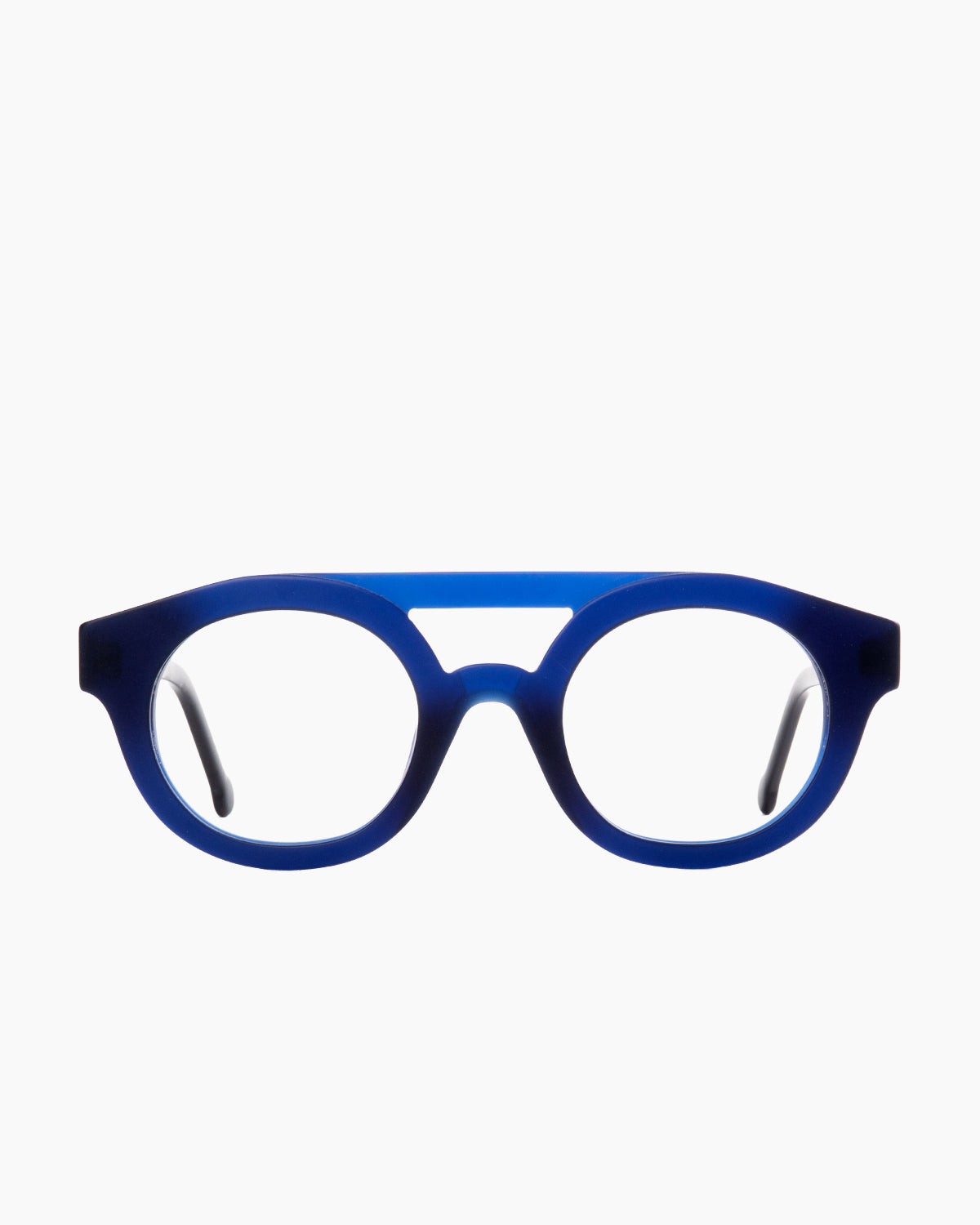 blue plastic round eyeglasses by Marie-Sophie Dion model Manson, front view, lunettes de vue rond couleur bleu