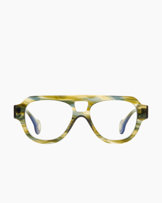 green plastic aviator sunglassesby Spectacleeyeworks model Sage, front view, lunettes de vue aviateur couleur vert