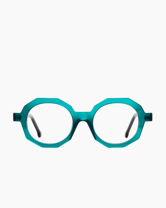 green plastic octogon eyeglasses by Marie-Sophie Dion model Fabi, front view, lunettes de vue octogone couleur vert