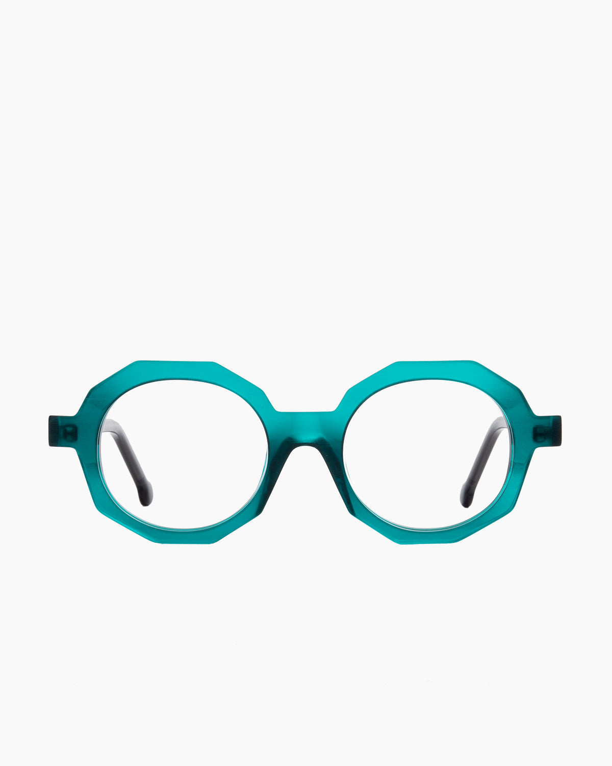 green plastic octogon eyeglasses by Marie-Sophie Dion model Fabi, front view, lunettes de vue octogone couleur vert