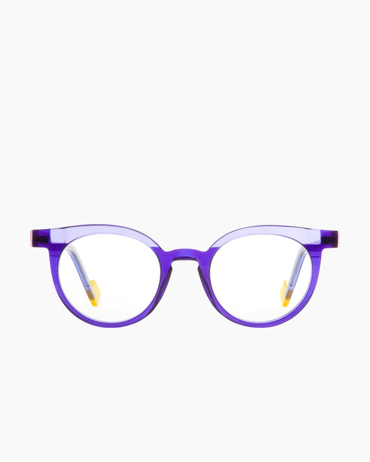 purple plastic round eyeglasses by Anne et Valentin model LEVEL, front view, lunettes de vue rond couleur violet