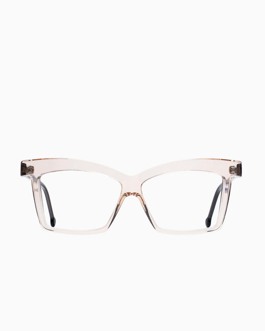 pink, beige plastic butterfly eyeglasses by Marie-Sophie Dion model Elkas, front view, lunettes de vue papillon couleur rose, beige