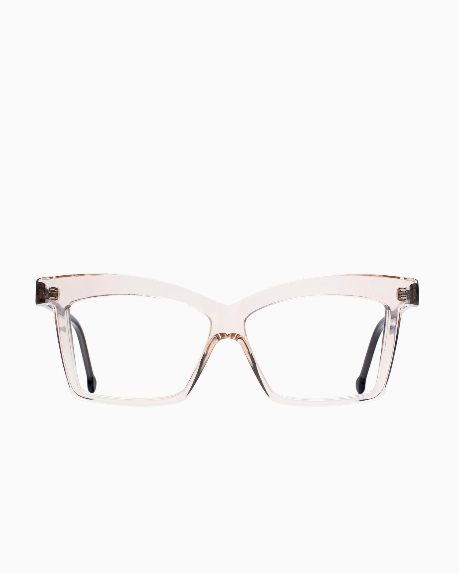 pink, beige plastic butterfly eyeglasses by Marie-Sophie Dion model Elkas, front view, lunettes de vue papillon couleur rose, beige