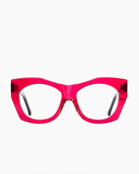 pink plastic butterfly eyeglasses by Marie-Sophie Dion model Ferro, front view, lunettes de vue papillon couleur rose