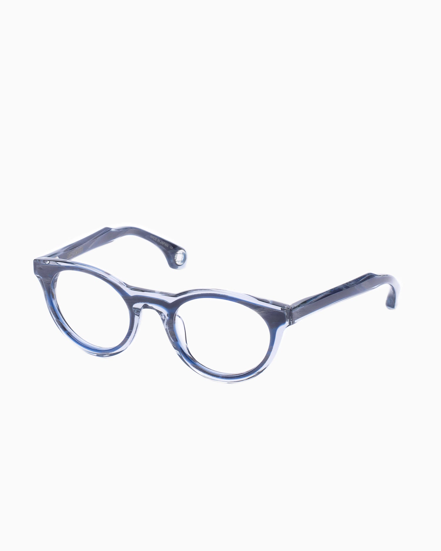 blue plastic oval eyeglasses by Blake Kuwahara model corbu, front view, lunettes de vue ovale couleur Bleu