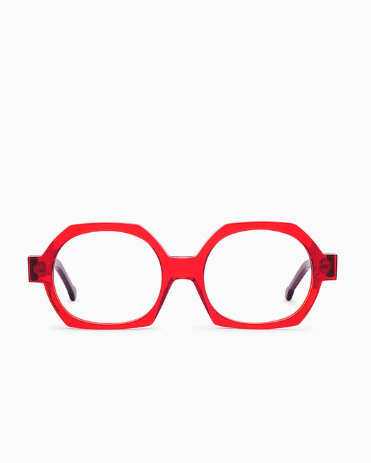 red plastic hexagon eyeglasses by Marie-Sophie Dion model Laperle.T, front view, lunettes de vue hexagone couleur Rouge