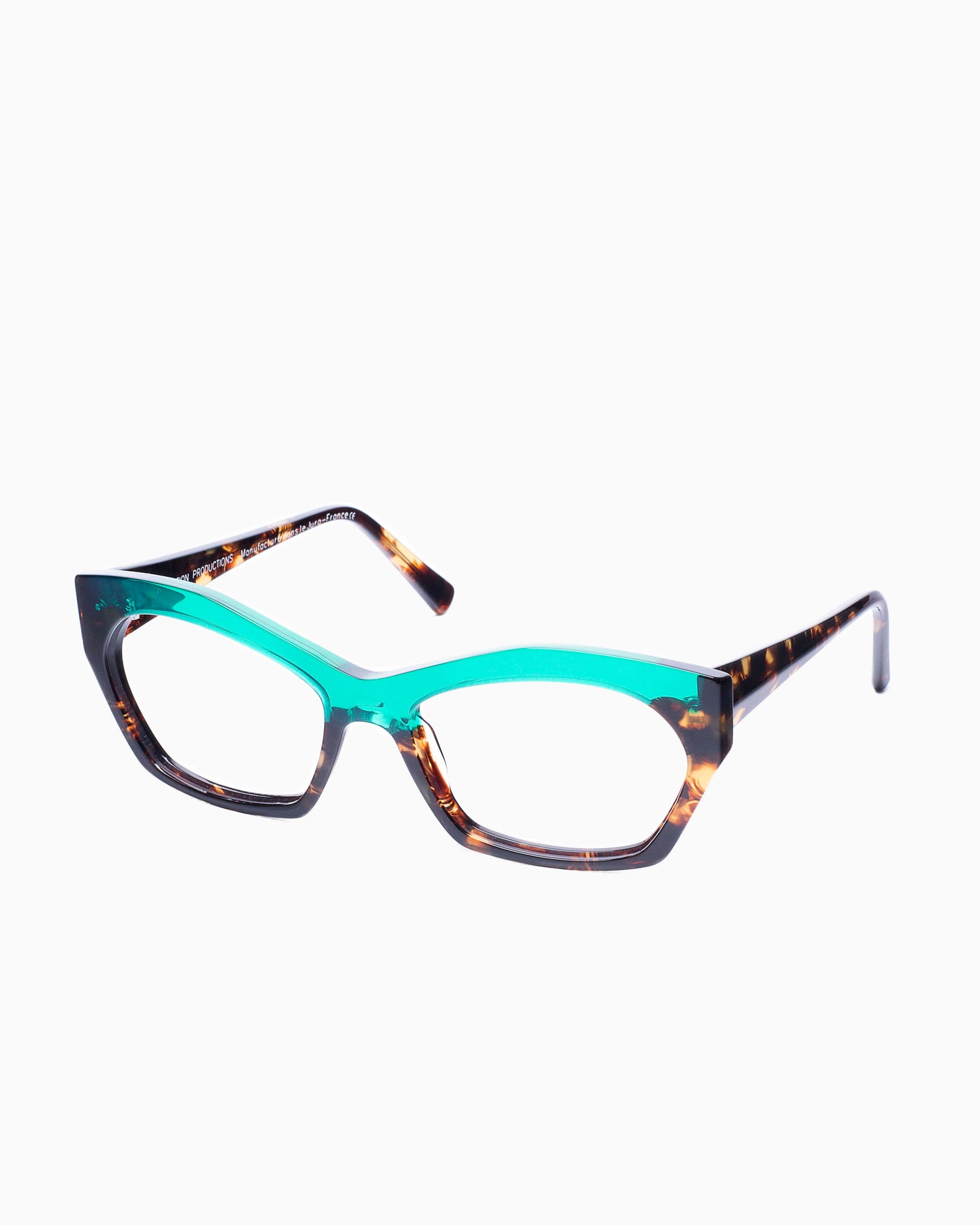 turquoise plastic butterfly eyeglasses by Traction model qhasar, front view, lunettes de vue papillon couleur turquoise