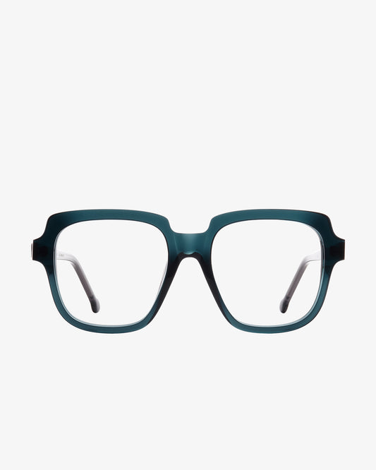 green plastic rectangle eyeglasses by Marie-Sophie Dion model Andrews, front view, lunettes de vue rectangle couleur vert