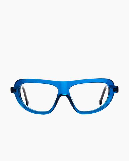 blue plastic aviator eyeglasses by Marie-Sophie Dion model Lama, front view, lunettes de vue aviateur couleur bleu