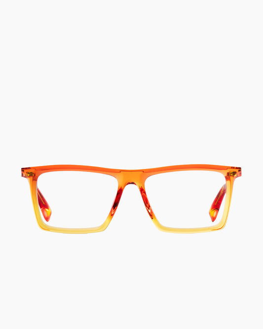 orange plastic rectangle eyeglasses by Theo model Alba, front view, lunettes de vue rectangle couleur orange